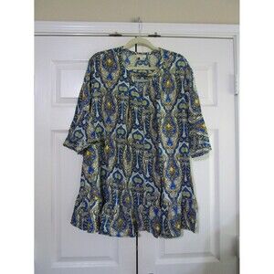 Umgee Womens Blouse Size Large Blue Paisley 3/4 Bell Sleeve V-Cutout Neck